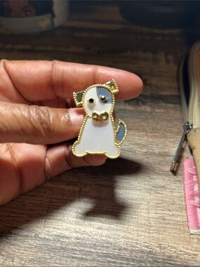 Cute White and Gray Enamel Dog Pin with Gold Trim